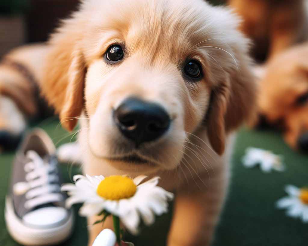 Dog smelling a flower